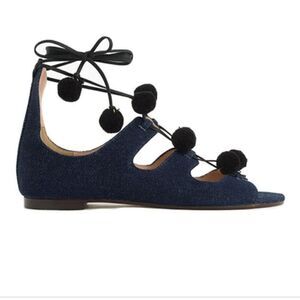 J. Crew Darkwash Denim Caged Gladiator Sandals with Pom-poms lace up